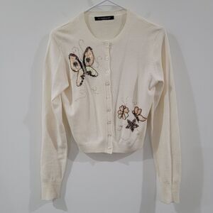 Y2K Womens Cardigan Sweater Size Medium Cream Butterfly Sequin Beaded Retro 90S
